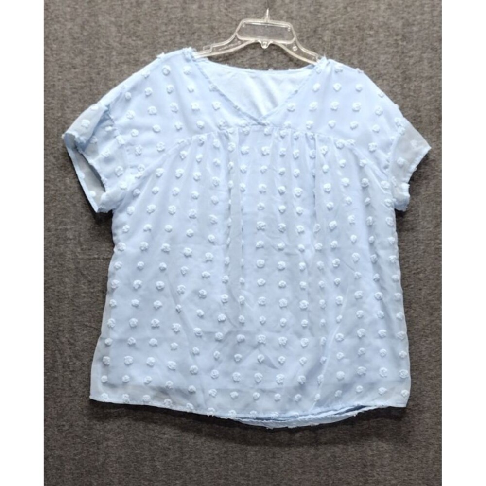 Womens Chiffon Dot Blouse Large Light Blue Cap Sleeve V Neck Sheer Underlay READ